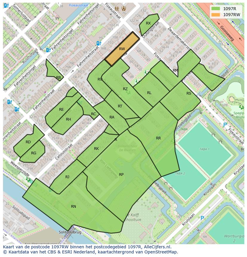 Afbeelding van het postcodegebied 1097 RW op de kaart.