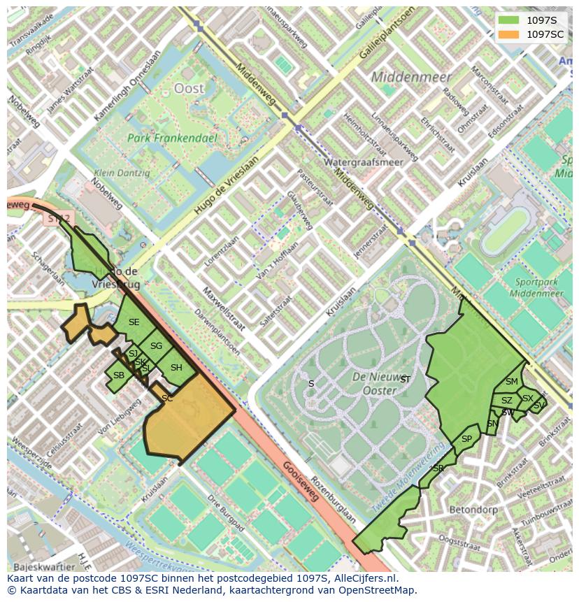 Afbeelding van het postcodegebied 1097 SC op de kaart.