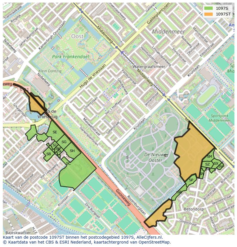 Afbeelding van het postcodegebied 1097 ST op de kaart.