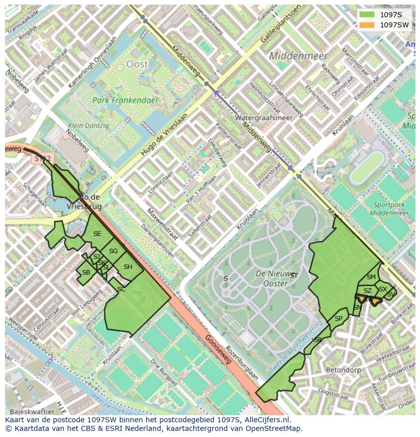 Afbeelding van het postcodegebied 1097 SW op de kaart.