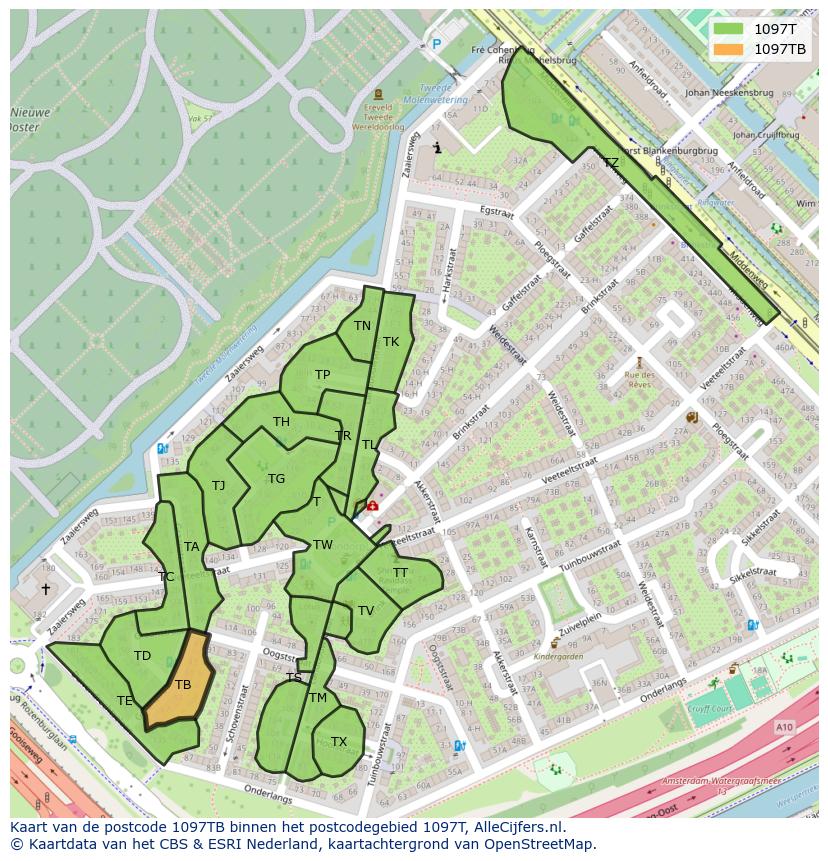 Afbeelding van het postcodegebied 1097 TB op de kaart.