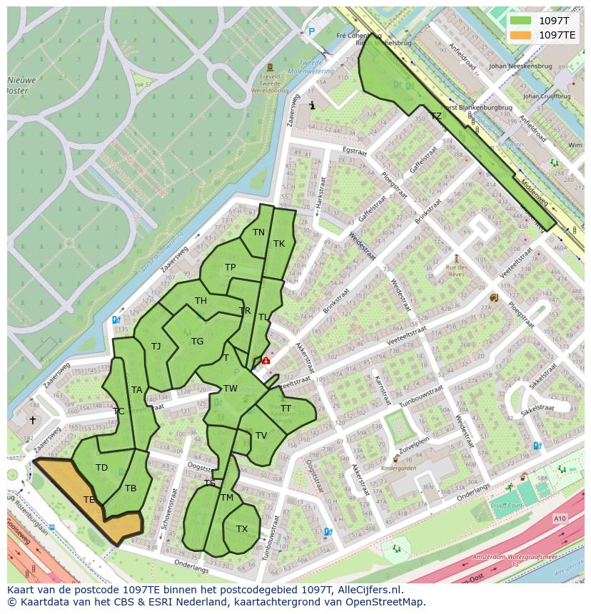 Afbeelding van het postcodegebied 1097 TE op de kaart.
