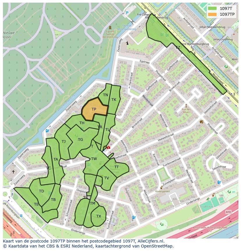 Afbeelding van het postcodegebied 1097 TP op de kaart.
