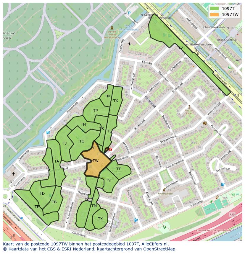 Afbeelding van het postcodegebied 1097 TW op de kaart.