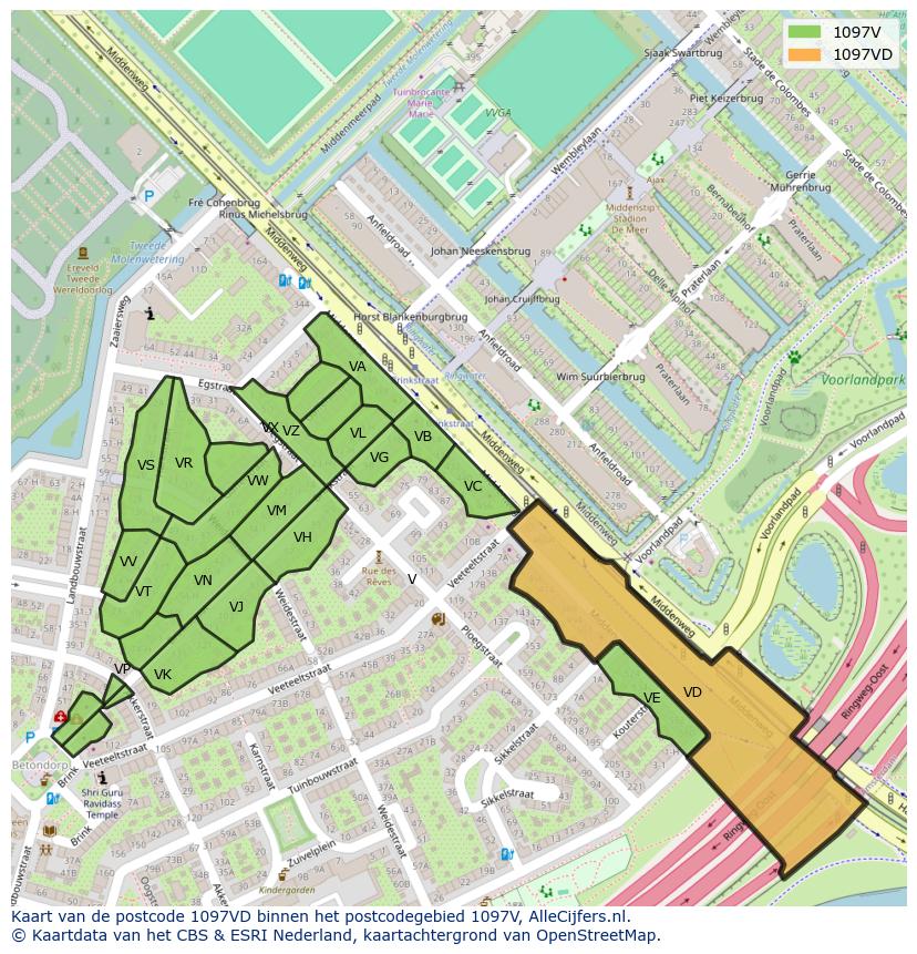 Afbeelding van het postcodegebied 1097 VD op de kaart.