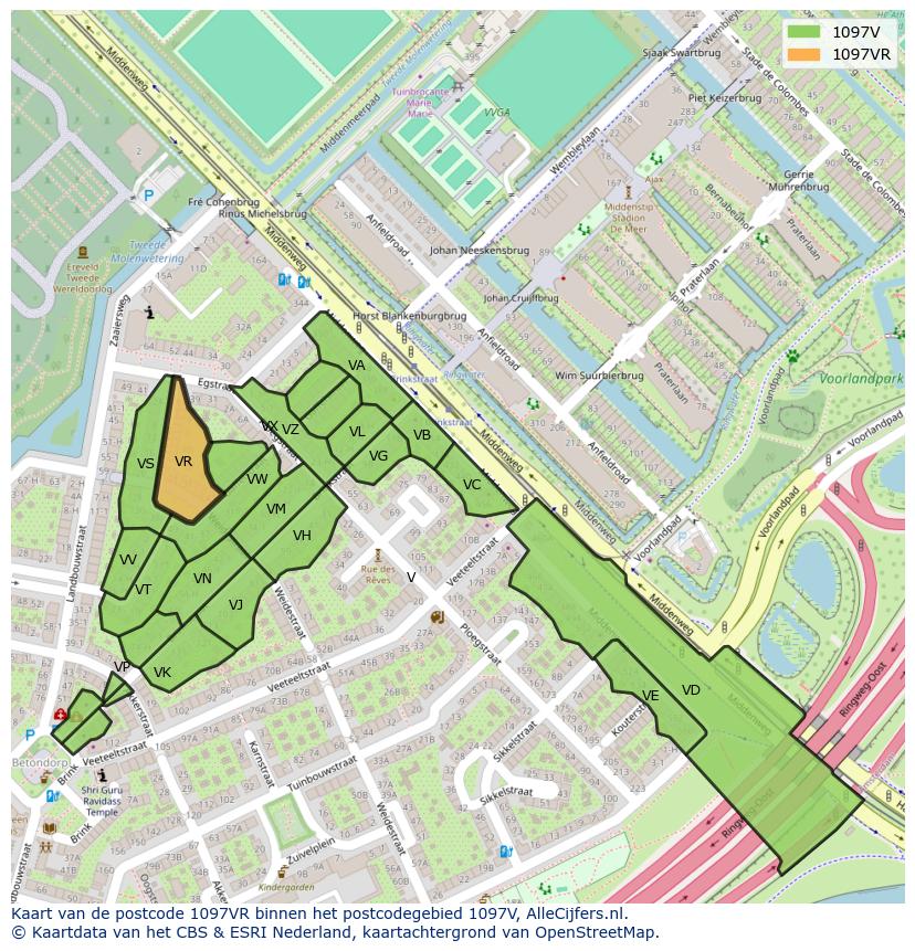 Afbeelding van het postcodegebied 1097 VR op de kaart.