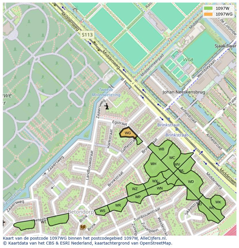 Afbeelding van het postcodegebied 1097 WG op de kaart.