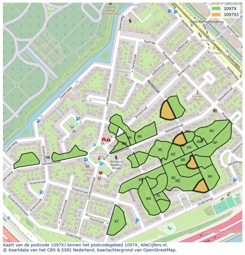 Afbeelding van het postcodegebied 1097 XJ op de kaart.
