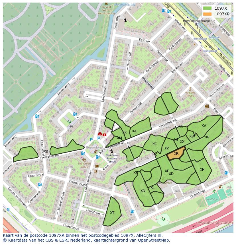 Afbeelding van het postcodegebied 1097 XR op de kaart.