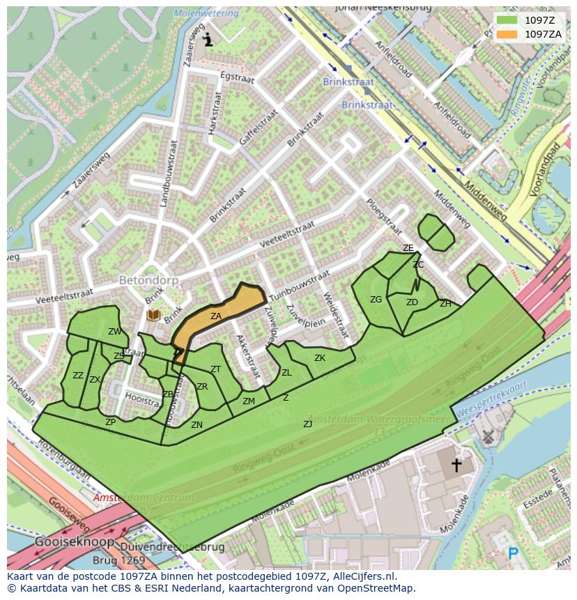 Afbeelding van het postcodegebied 1097 ZA op de kaart.