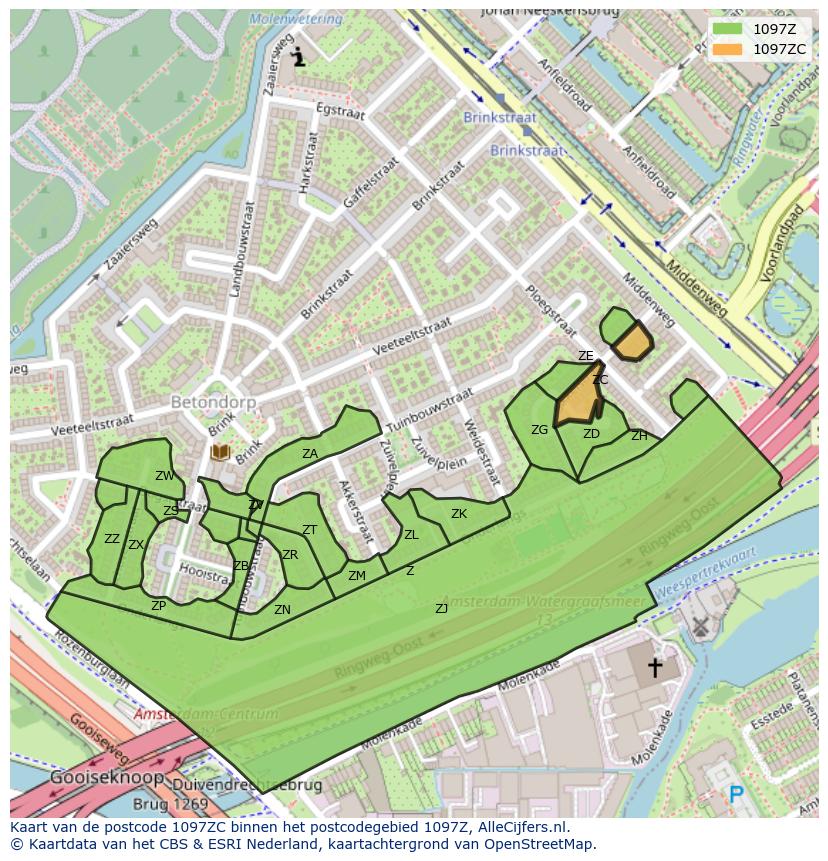 Afbeelding van het postcodegebied 1097 ZC op de kaart.