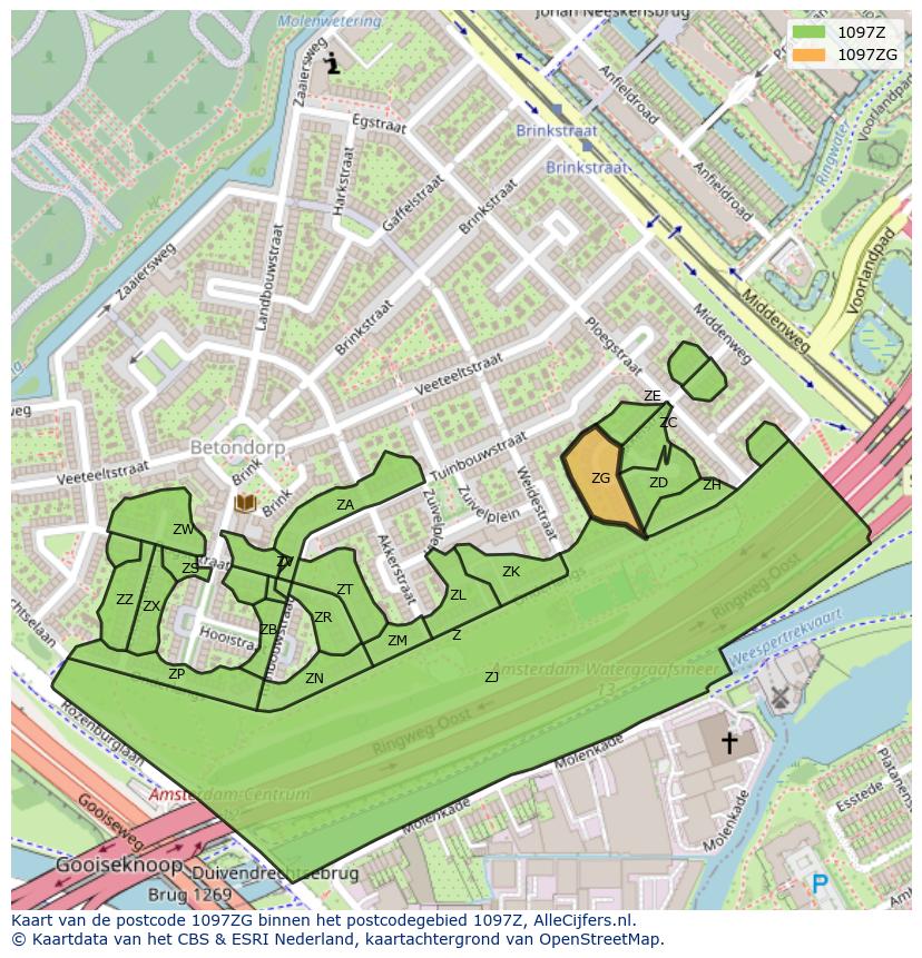 Afbeelding van het postcodegebied 1097 ZG op de kaart.