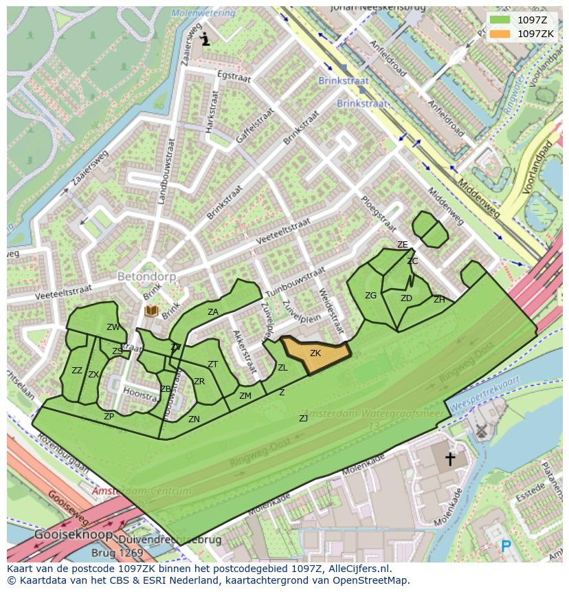 Afbeelding van het postcodegebied 1097 ZK op de kaart.