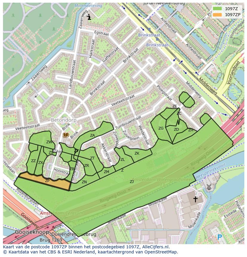 Afbeelding van het postcodegebied 1097 ZP op de kaart.