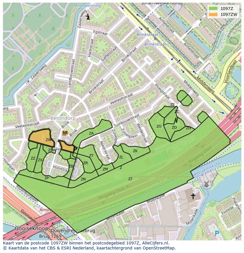 Afbeelding van het postcodegebied 1097 ZW op de kaart.