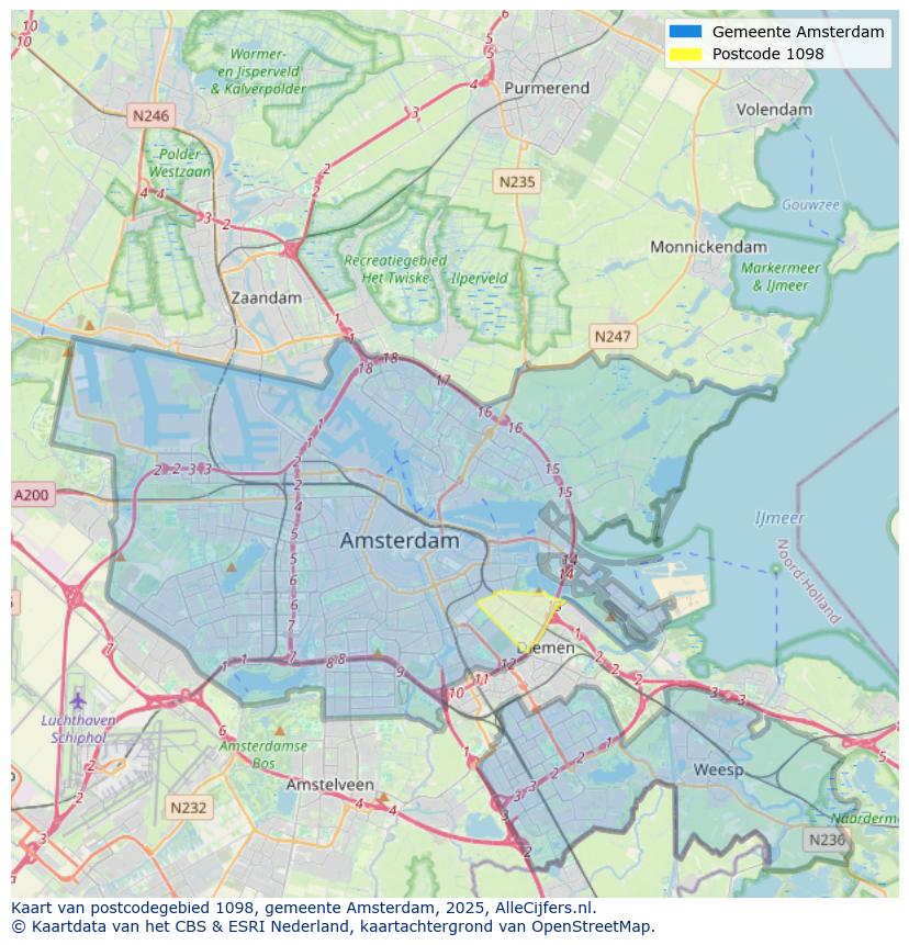 Afbeelding van het postcodegebied 1098 op de kaart.