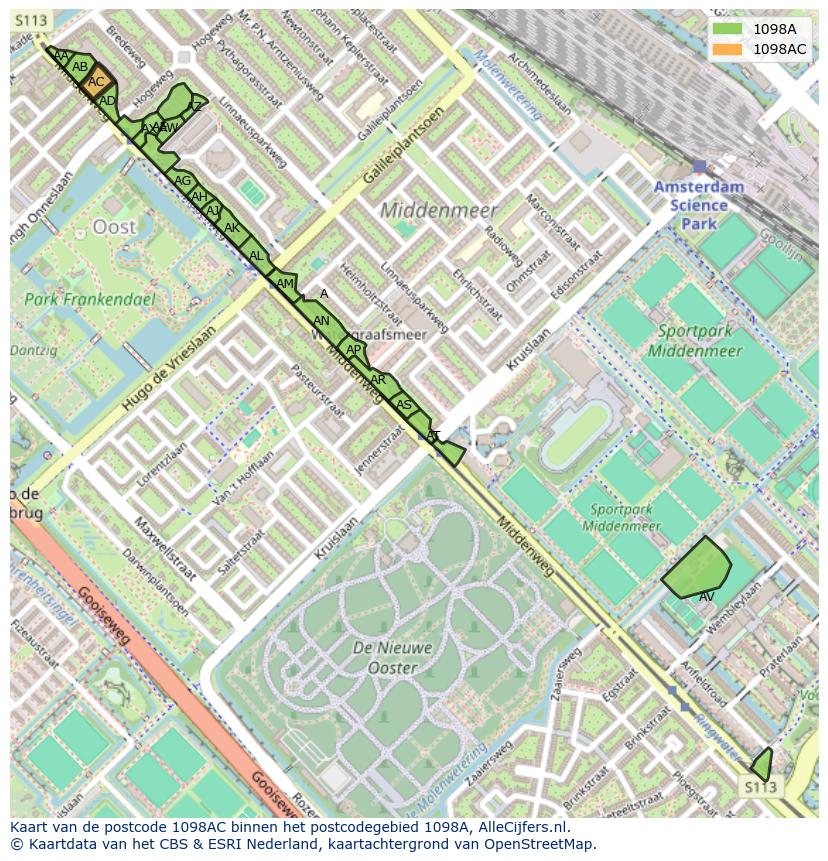 Afbeelding van het postcodegebied 1098 AC op de kaart.