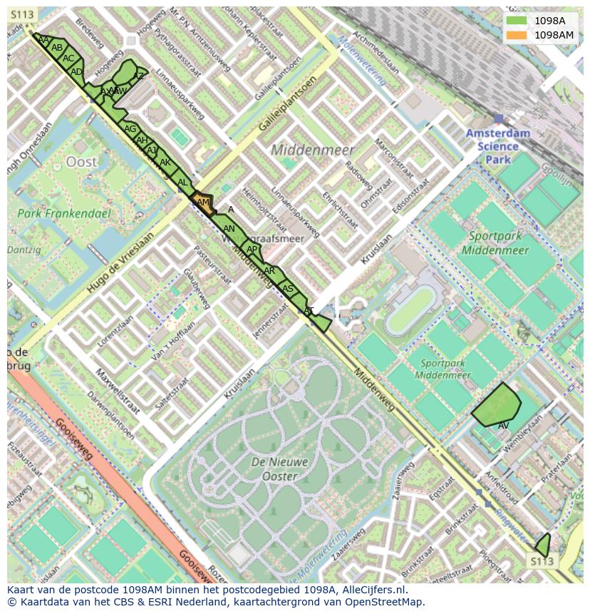 Afbeelding van het postcodegebied 1098 AM op de kaart.