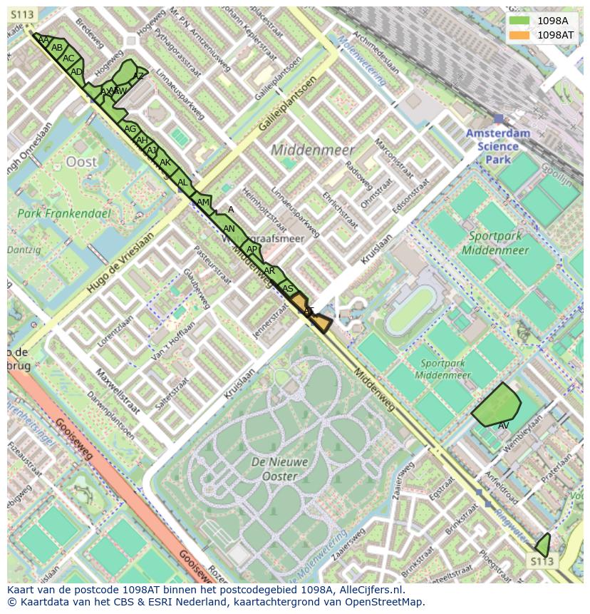 Afbeelding van het postcodegebied 1098 AT op de kaart.