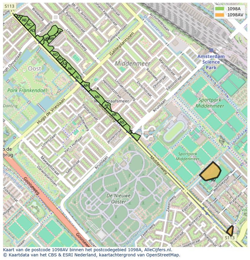 Afbeelding van het postcodegebied 1098 AV op de kaart.
