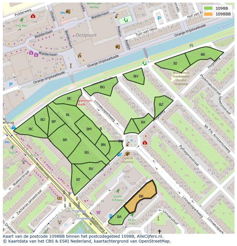 Afbeelding van het postcodegebied 1098 BB op de kaart.