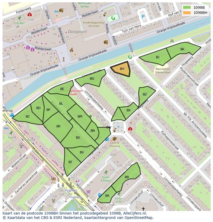 Afbeelding van het postcodegebied 1098 BH op de kaart.