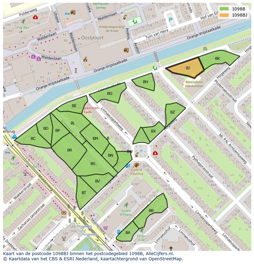 Afbeelding van het postcodegebied 1098 BJ op de kaart.
