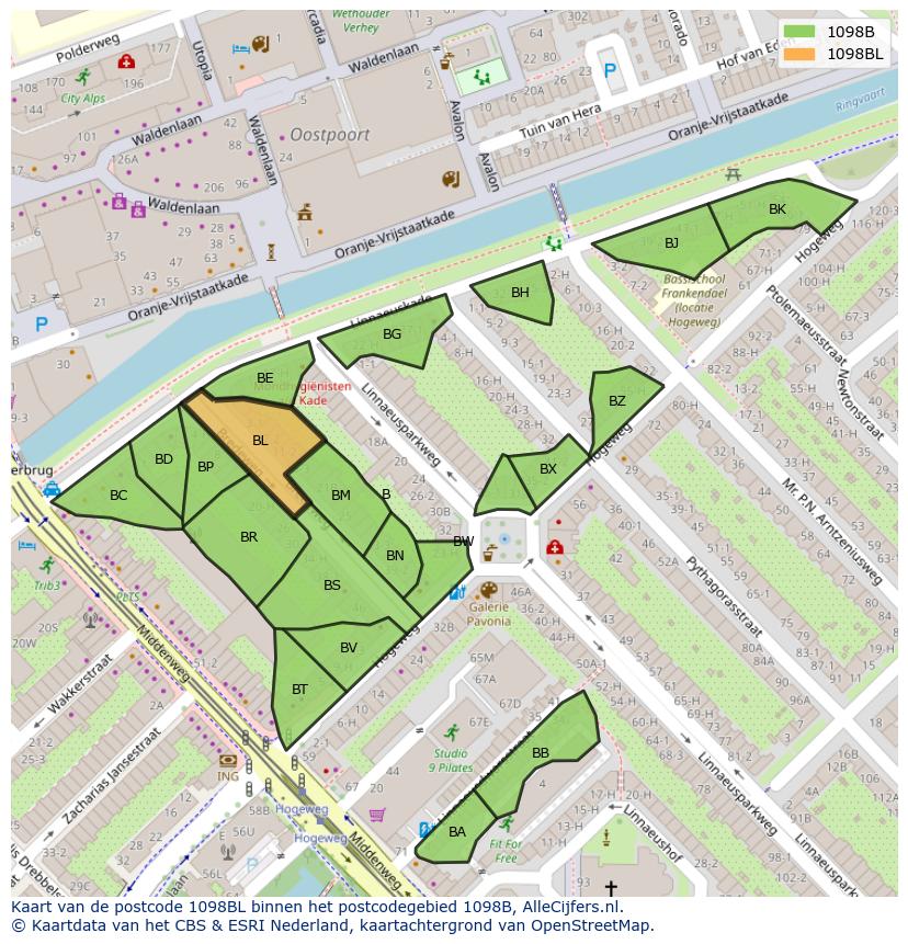 Afbeelding van het postcodegebied 1098 BL op de kaart.