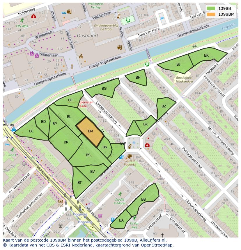 Afbeelding van het postcodegebied 1098 BM op de kaart.