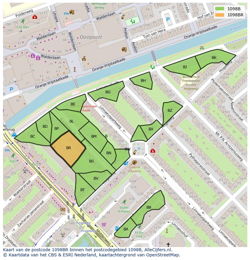 Afbeelding van het postcodegebied 1098 BR op de kaart.