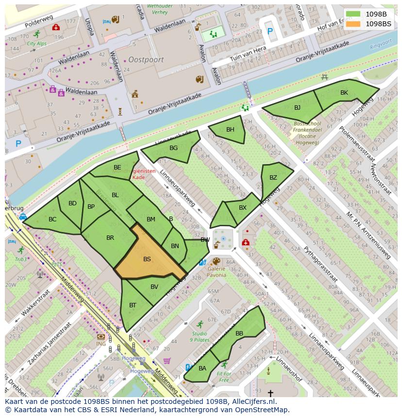 Afbeelding van het postcodegebied 1098 BS op de kaart.