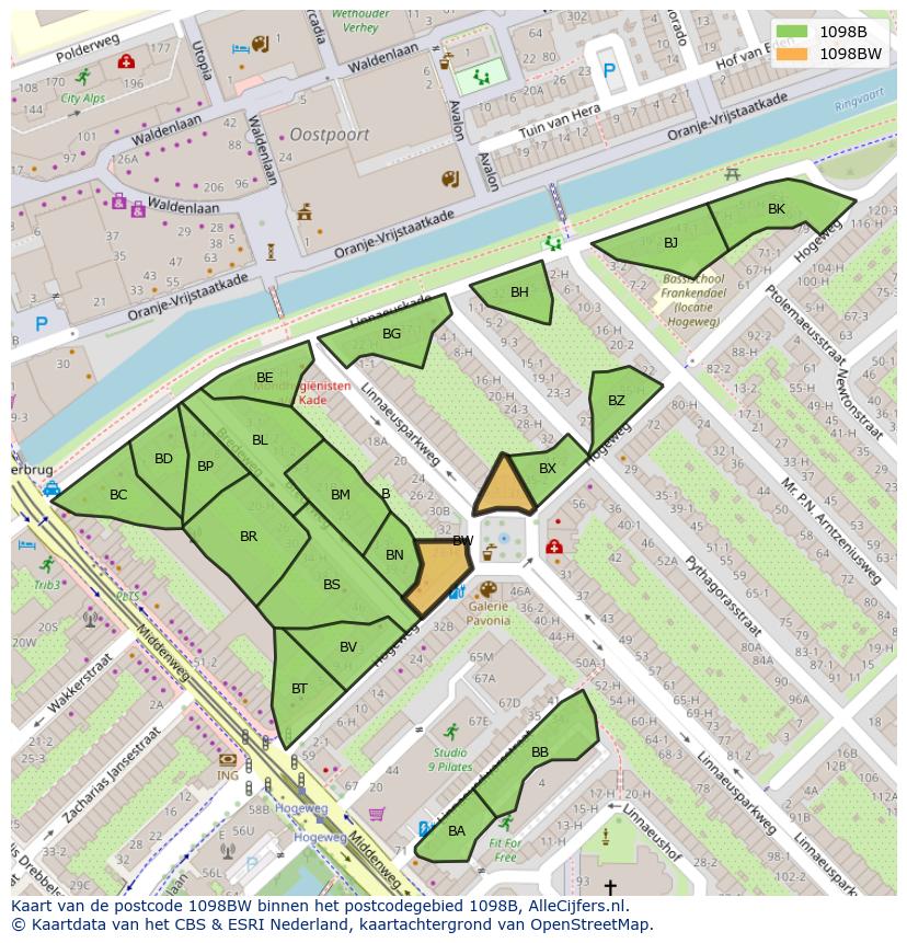 Afbeelding van het postcodegebied 1098 BW op de kaart.