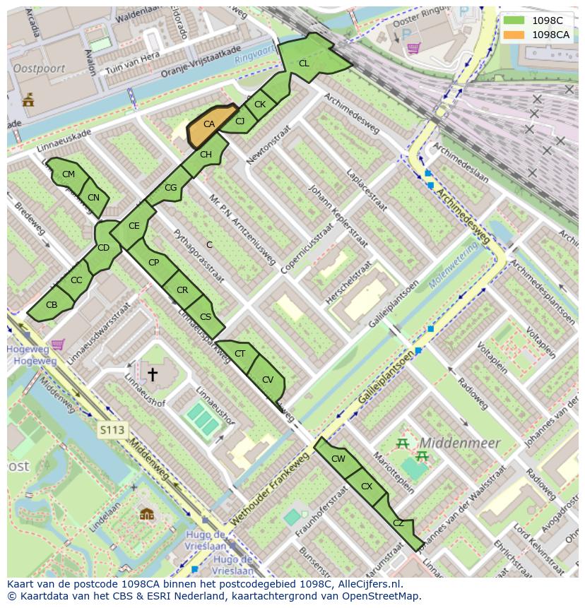 Afbeelding van het postcodegebied 1098 CA op de kaart.
