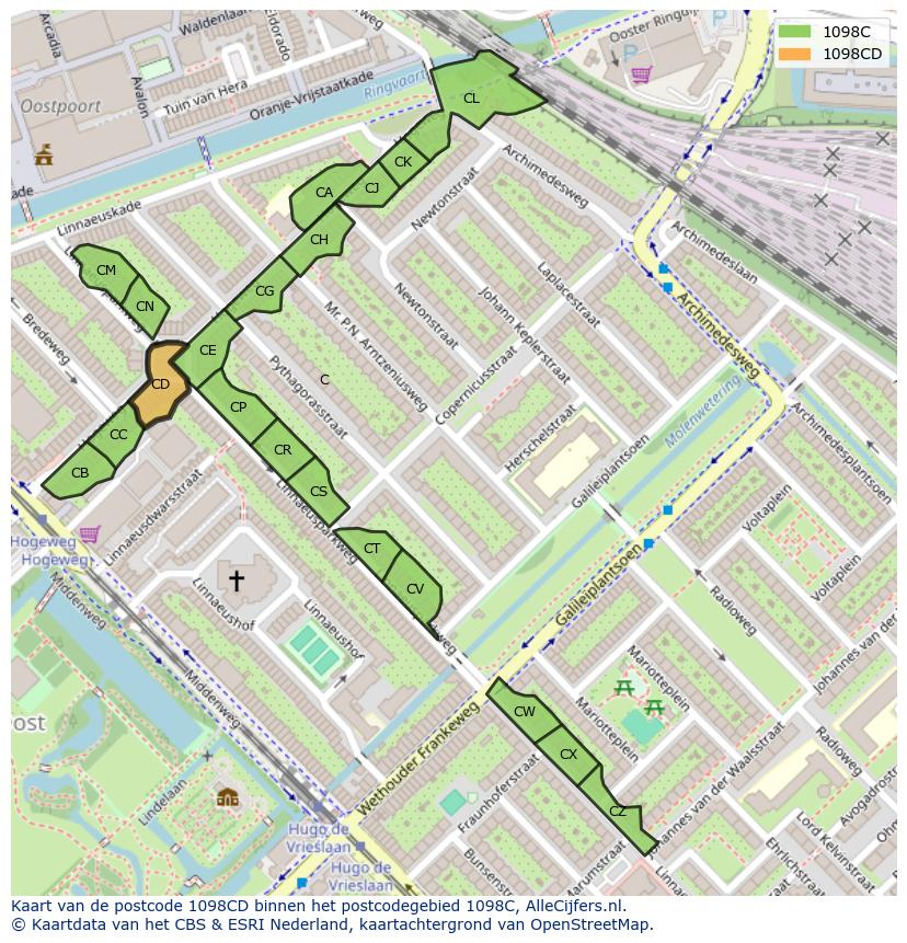 Afbeelding van het postcodegebied 1098 CD op de kaart.
