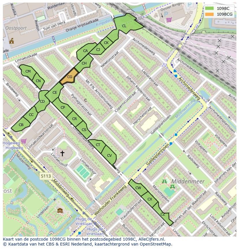 Afbeelding van het postcodegebied 1098 CG op de kaart.
