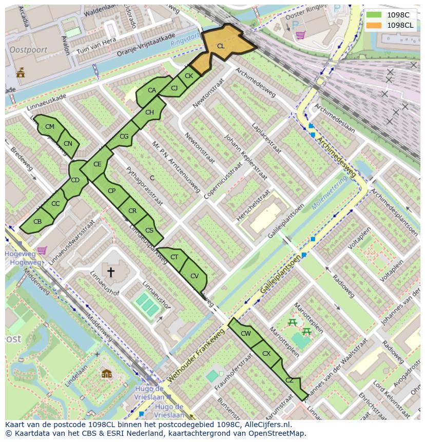 Afbeelding van het postcodegebied 1098 CL op de kaart.