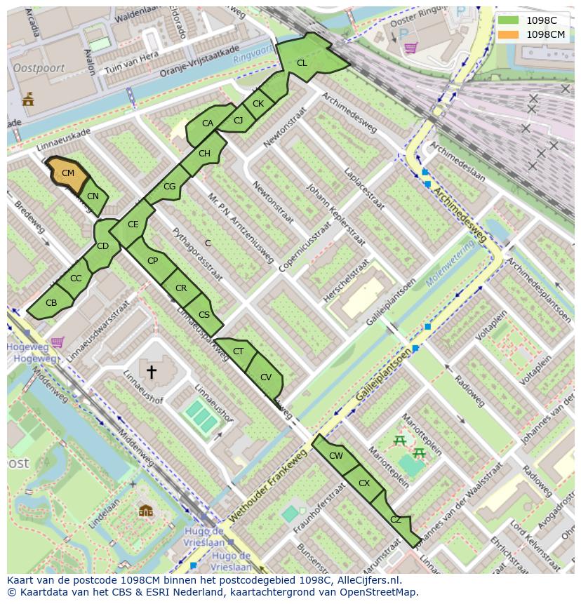Afbeelding van het postcodegebied 1098 CM op de kaart.