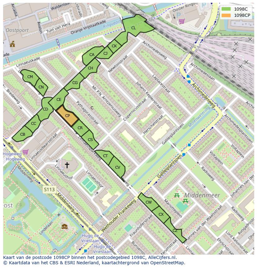 Afbeelding van het postcodegebied 1098 CP op de kaart.