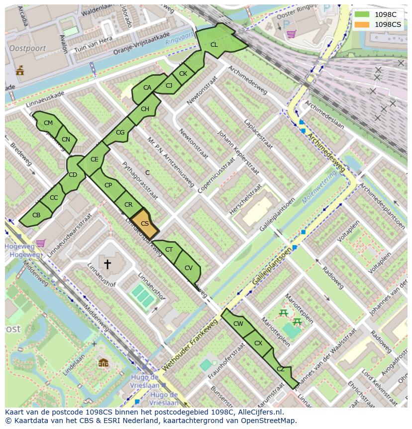 Afbeelding van het postcodegebied 1098 CS op de kaart.