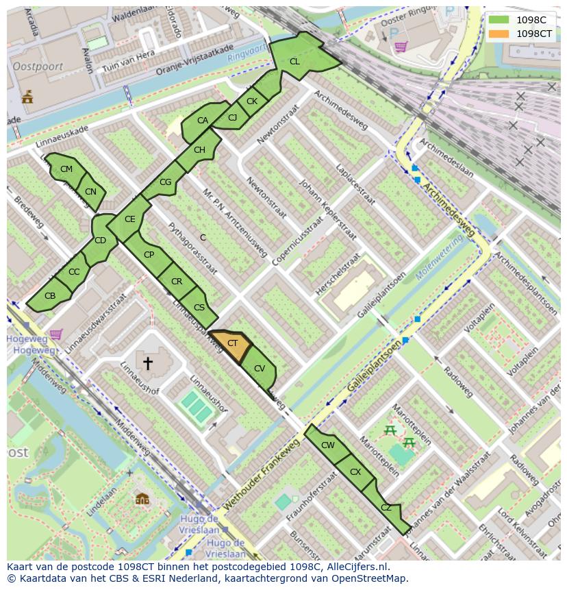 Afbeelding van het postcodegebied 1098 CT op de kaart.