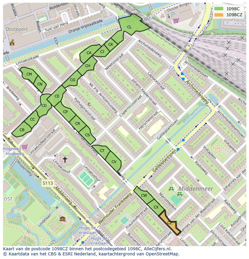 Afbeelding van het postcodegebied 1098 CZ op de kaart.