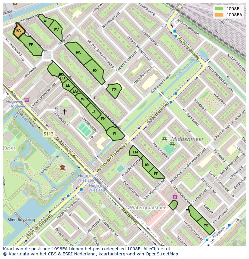 Afbeelding van het postcodegebied 1098 EA op de kaart.