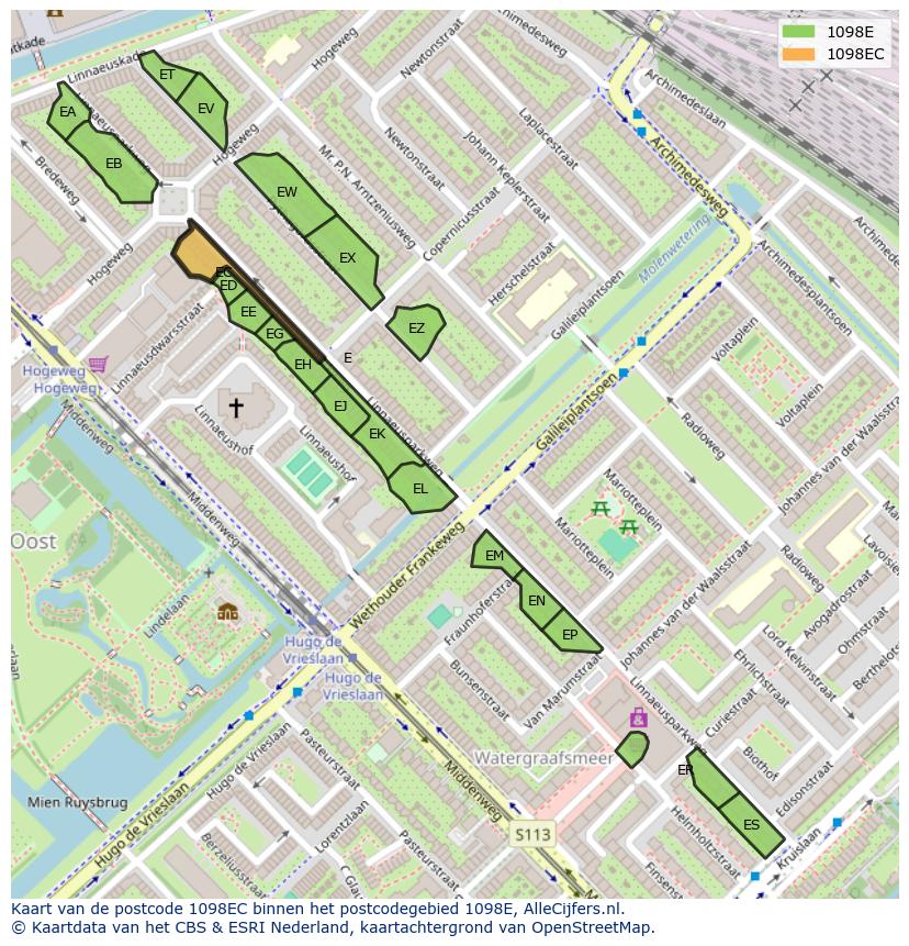 Afbeelding van het postcodegebied 1098 EC op de kaart.