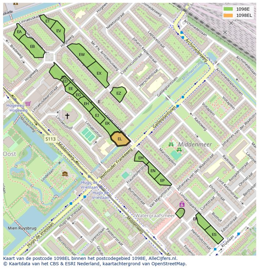Afbeelding van het postcodegebied 1098 EL op de kaart.