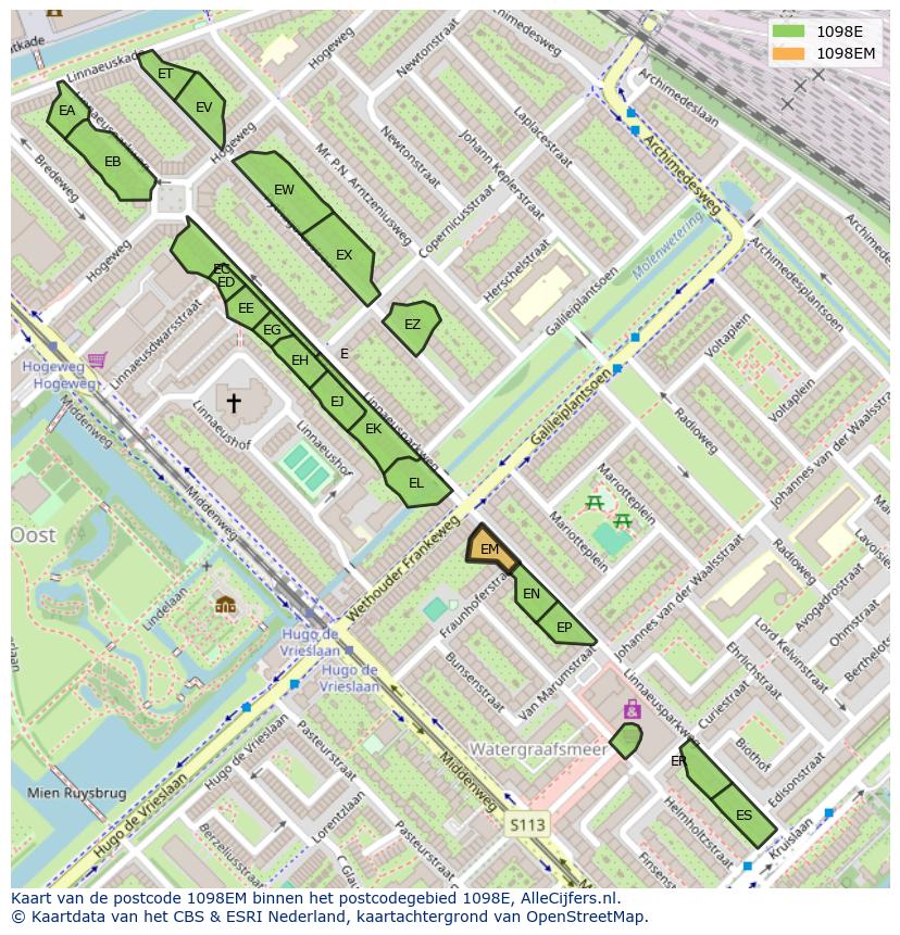 Afbeelding van het postcodegebied 1098 EM op de kaart.