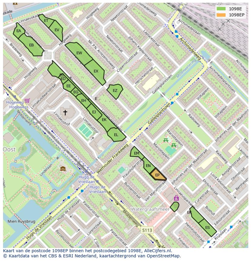 Afbeelding van het postcodegebied 1098 EP op de kaart.