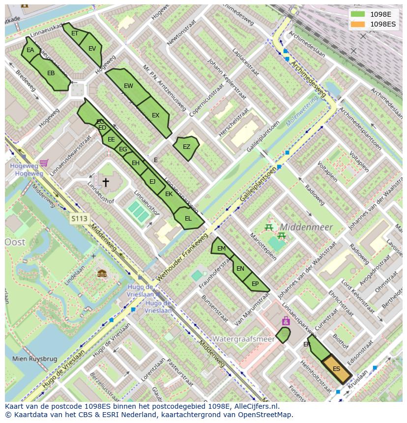 Afbeelding van het postcodegebied 1098 ES op de kaart.