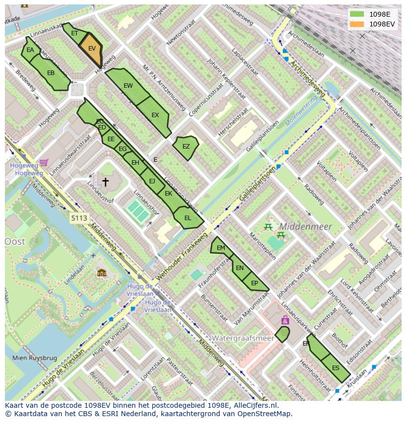 Afbeelding van het postcodegebied 1098 EV op de kaart.