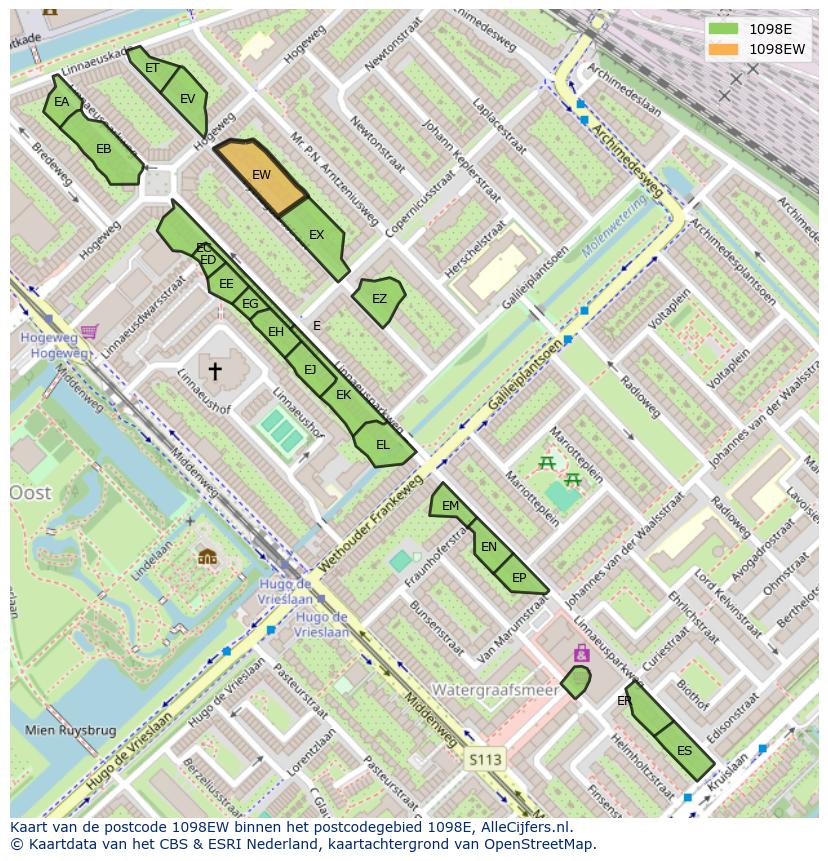 Afbeelding van het postcodegebied 1098 EW op de kaart.
