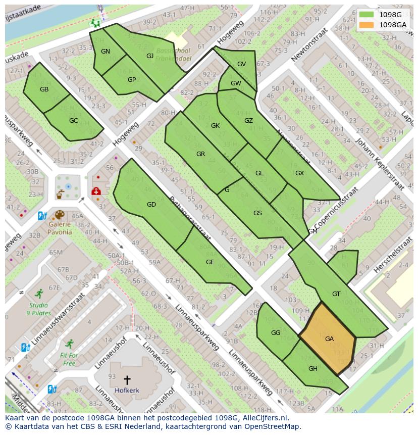 Afbeelding van het postcodegebied 1098 GA op de kaart.